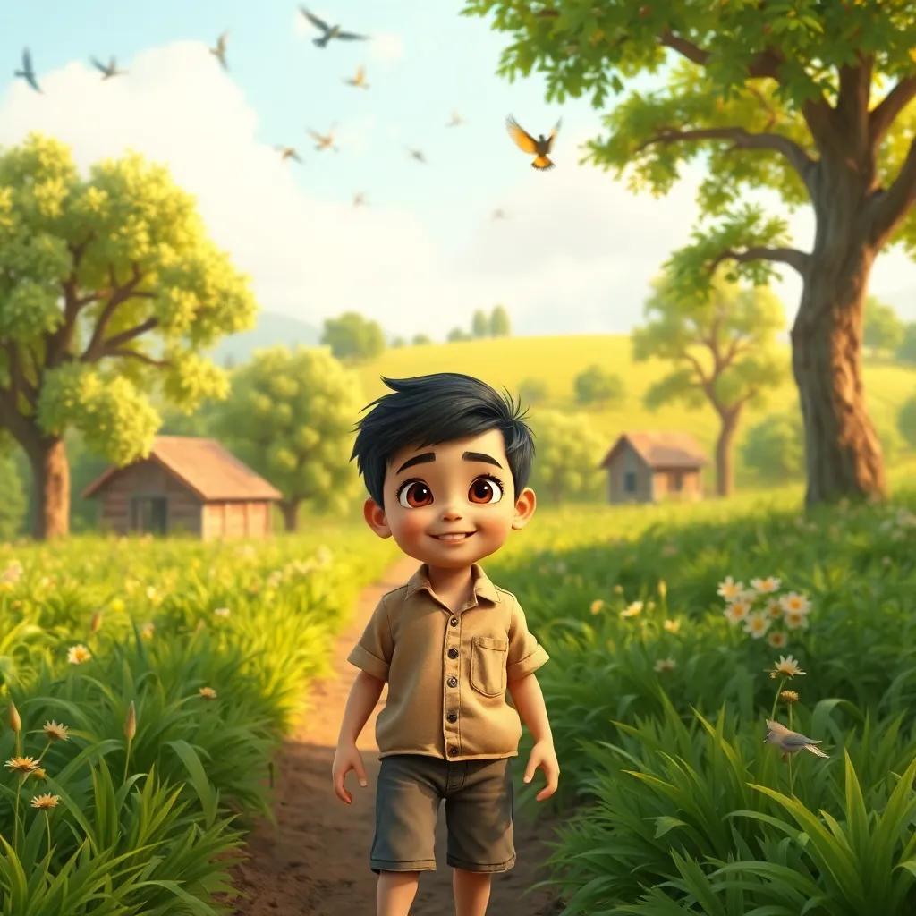 A beautiful farm with green trees and singing birds, a young boy named Rashid with bright hazel eyes and wearing a simple shirt and shorts, playing and exploring, joyful atmosphere, colorful, high quality