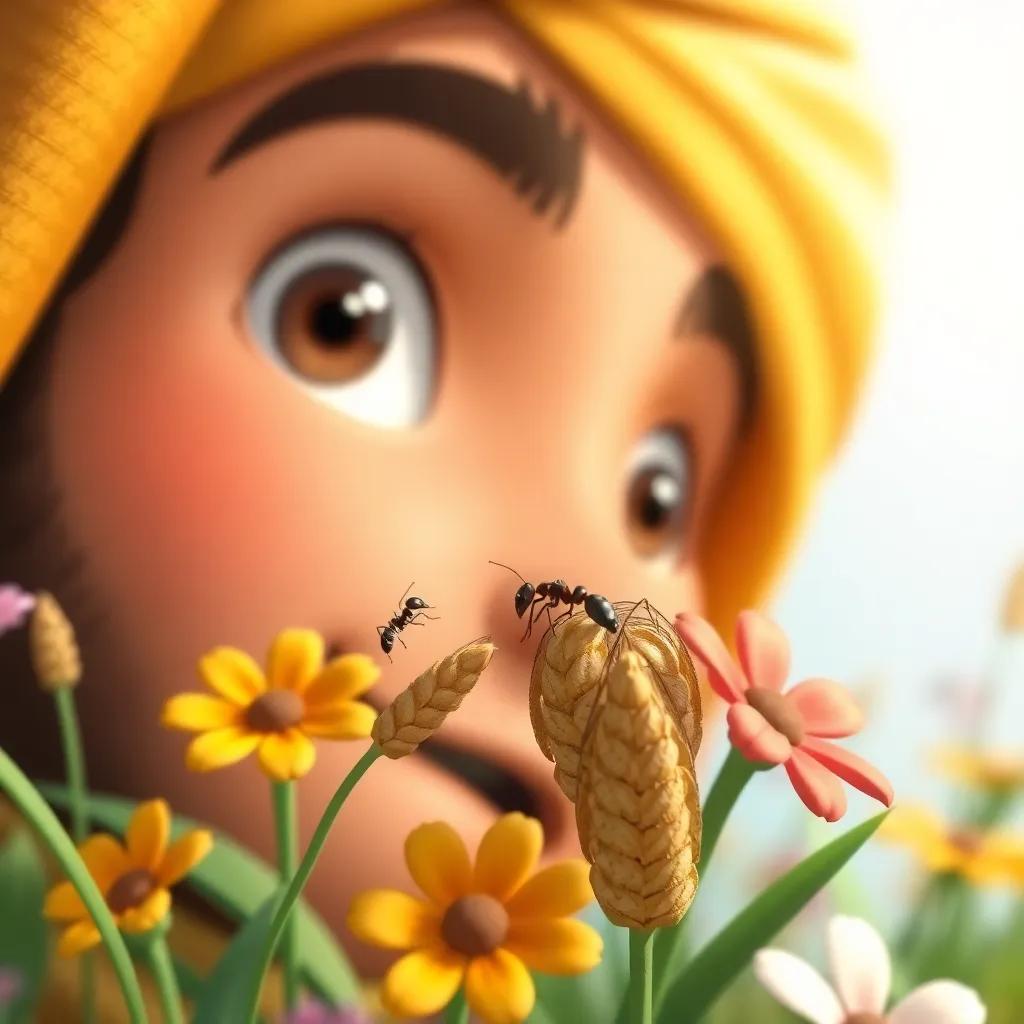 A close-up of Rashid, looking surprised as he sees a tiny ant pulling a grain of wheat that is bigger than her, with colorful flowers around, digital art, cheerful, vibrant colors, high quality