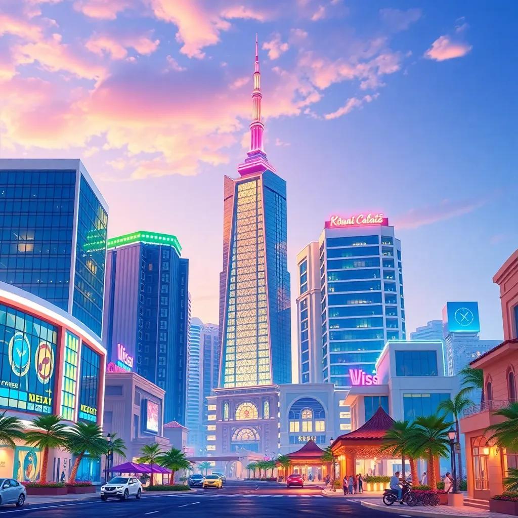 A beautiful scene of the city of Kuwait with modern buildings and traditional elements, digital art, vibrant colors, lively atmosphere, high quality