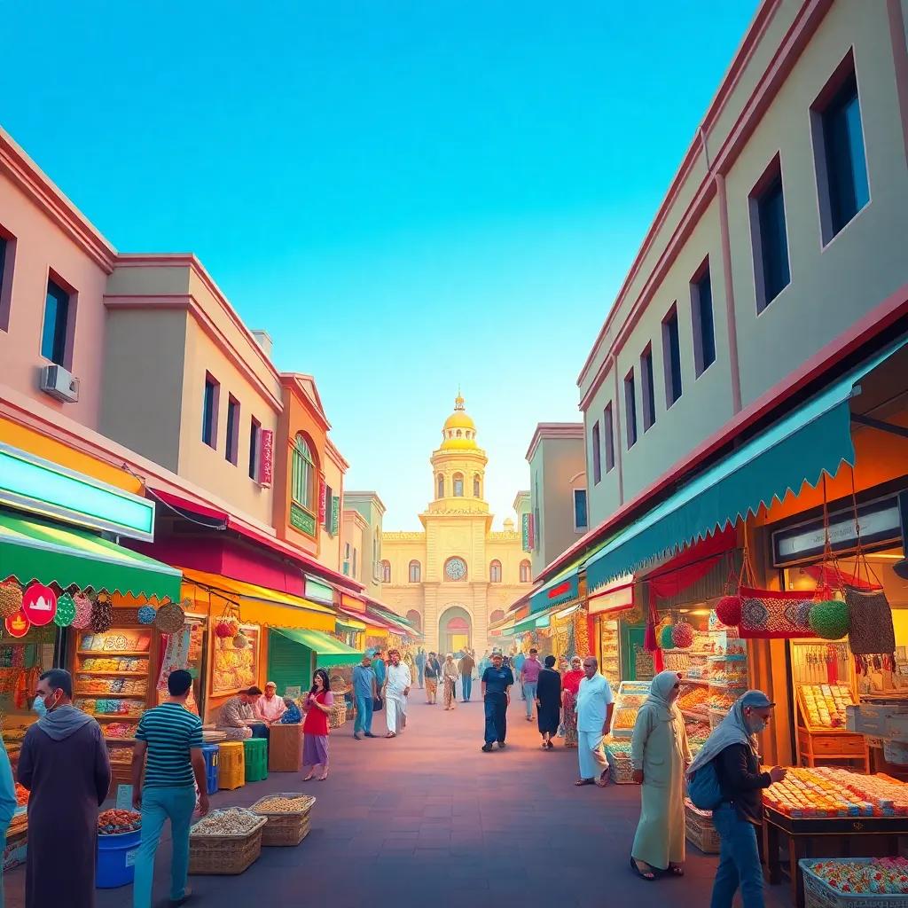 A bustling Souq Al-Mubarakiya in Kuwait with colorful shops and vendors, digital art, warm colors, cheerful scene, capturing the market vibe, high quality