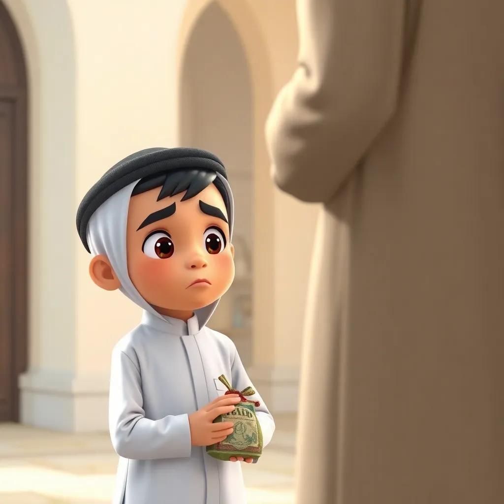 A concerned young boy, Rashid, standing with a small bag of money in his hands, looking at his father, who is dressed in a traditional Kuwaiti outfit, detailed and engaging, high quality