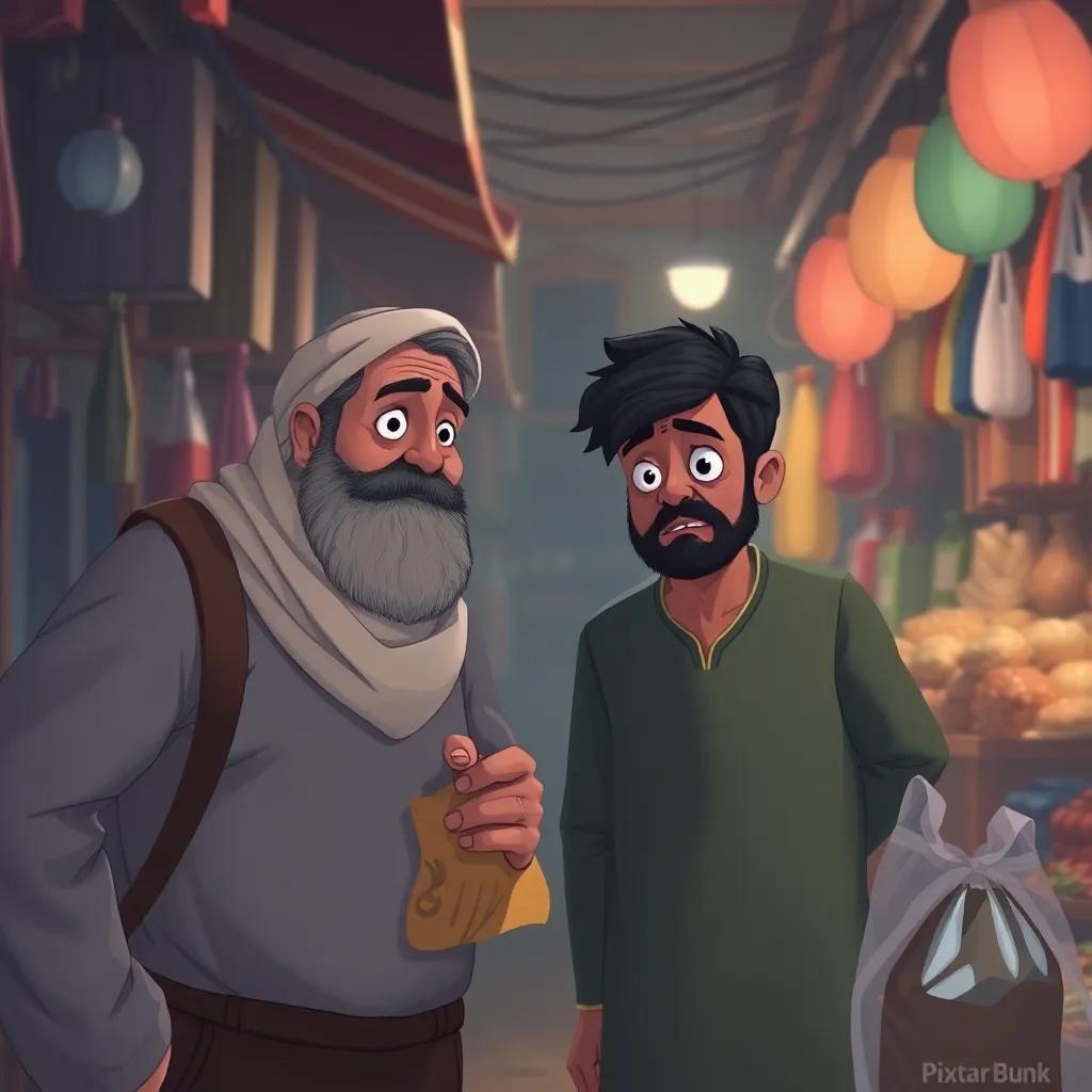 A worried atmosphere in the market with Rashid and his father asking vendors about the lost bag, digital art, soft colors, capturing the emotion, high quality