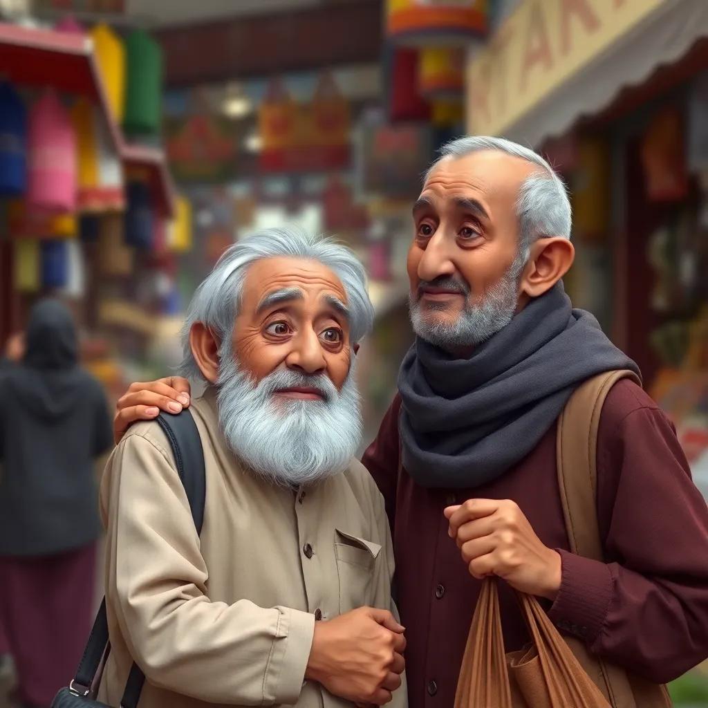 An elderly man looking thankful and relieved as he receives his lost bag from Rashid, amidst the vibrant market background, digital art, emotional scene, high quality