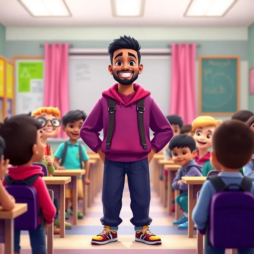 Rashid standing tall and proud with a bright smile, surrounded by his friends at school sharing the story of honesty, colorful classroom setting, digital art, lively and happy, high quality