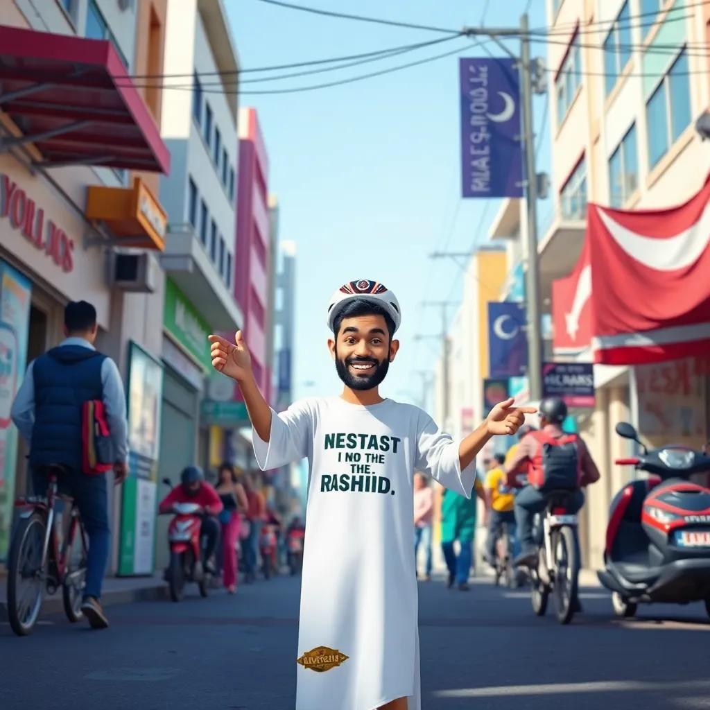 A vibrant street scene in Kuwait showcasing Rashid spreading the message of honesty and pride in the homeland, digital art, bright colors, engaging atmosphere, high quality