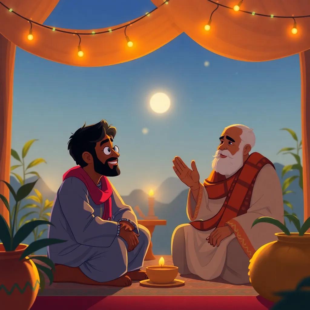 A cozy evening setting with Rashid and his father talking about the value of honesty, warm light, illustrated in an inviting manner, high quality