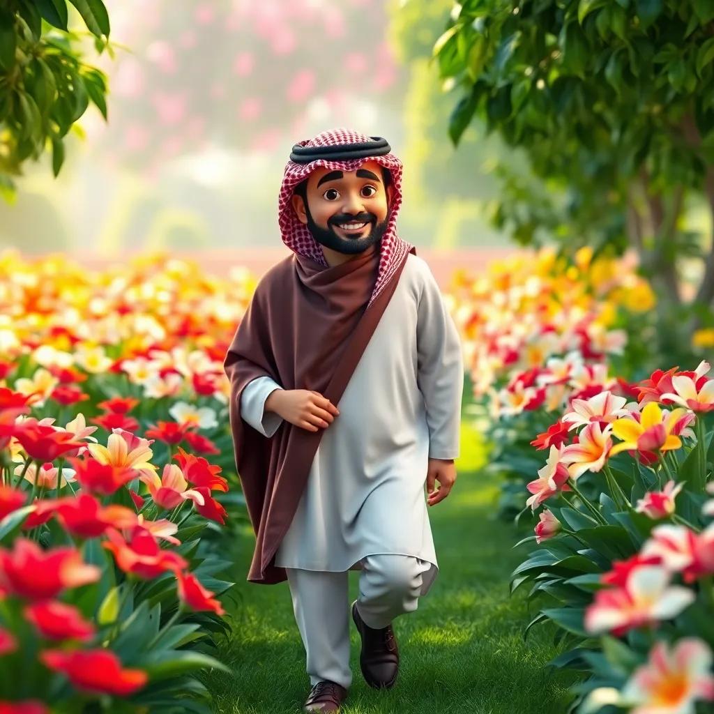 A heartwarming moment of Rashid walking through a garden with Kuwaiti flowers, symbolizing honesty and loyalty, digital art, bright colors, uplifting mood, high quality