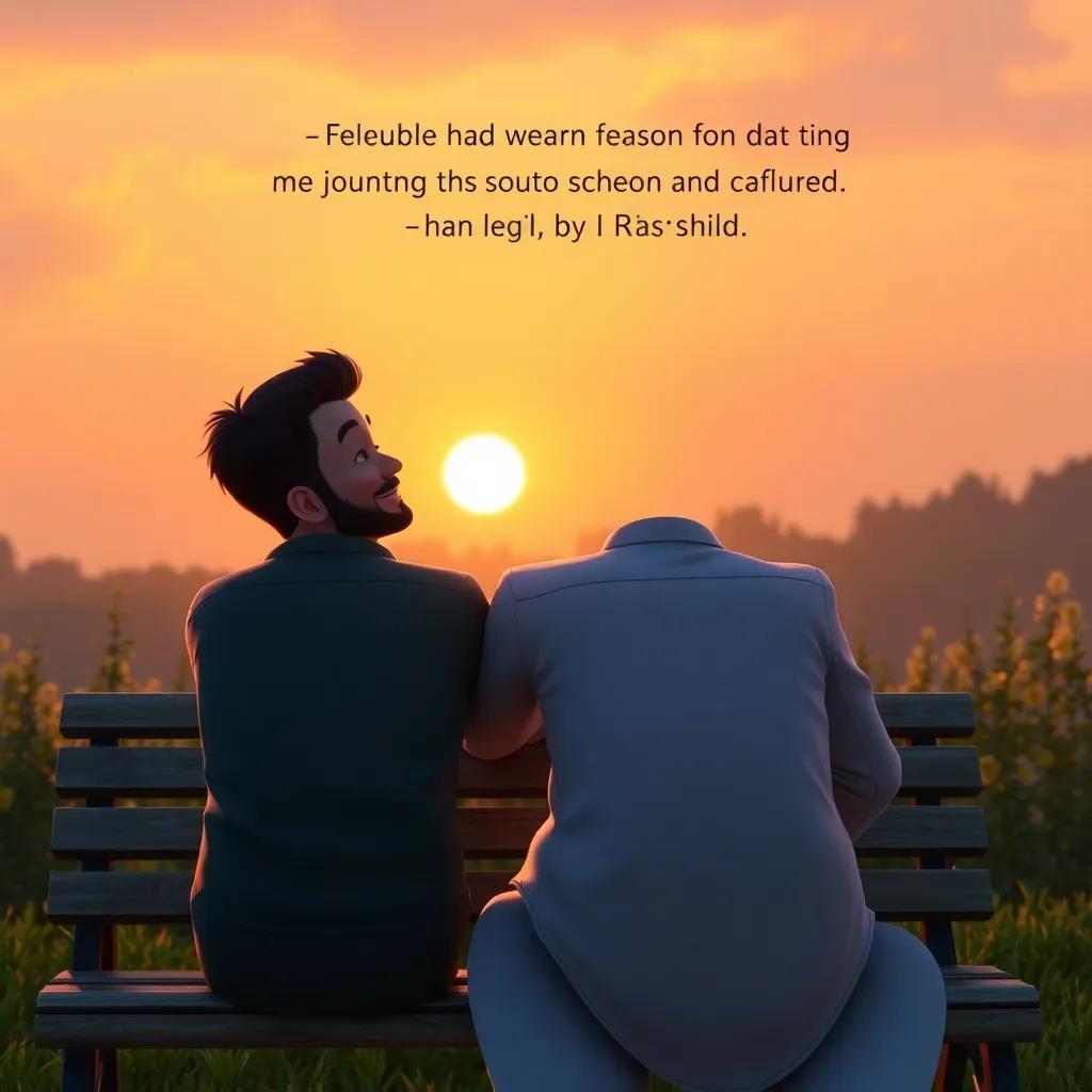 A loving father and son sitting on a bench enjoying the sunset, Rashid thanking his father for teaching him values, digital art, soft colors, serene atmosphere, high quality