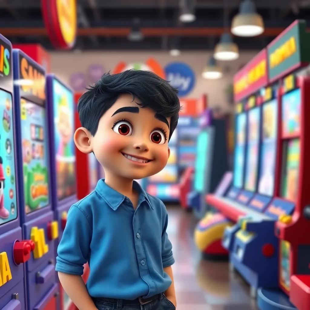 A young Arab boy, Rashid, with short black hair, wearing a blue shirt and jeans, smiling as he looks at colorful video games on display in a toy store, bright lights, fun atmosphere, digital art, child-friendly, engaging