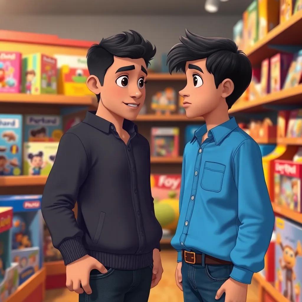A young Arab boy, Rashid, with short black hair, wearing a blue shirt and jeans, asking his father a question about a toy's age suitability, inside a toy store with shelves full of toys and games, warm lighting, focused expression, digital illustration, heartwarming moment