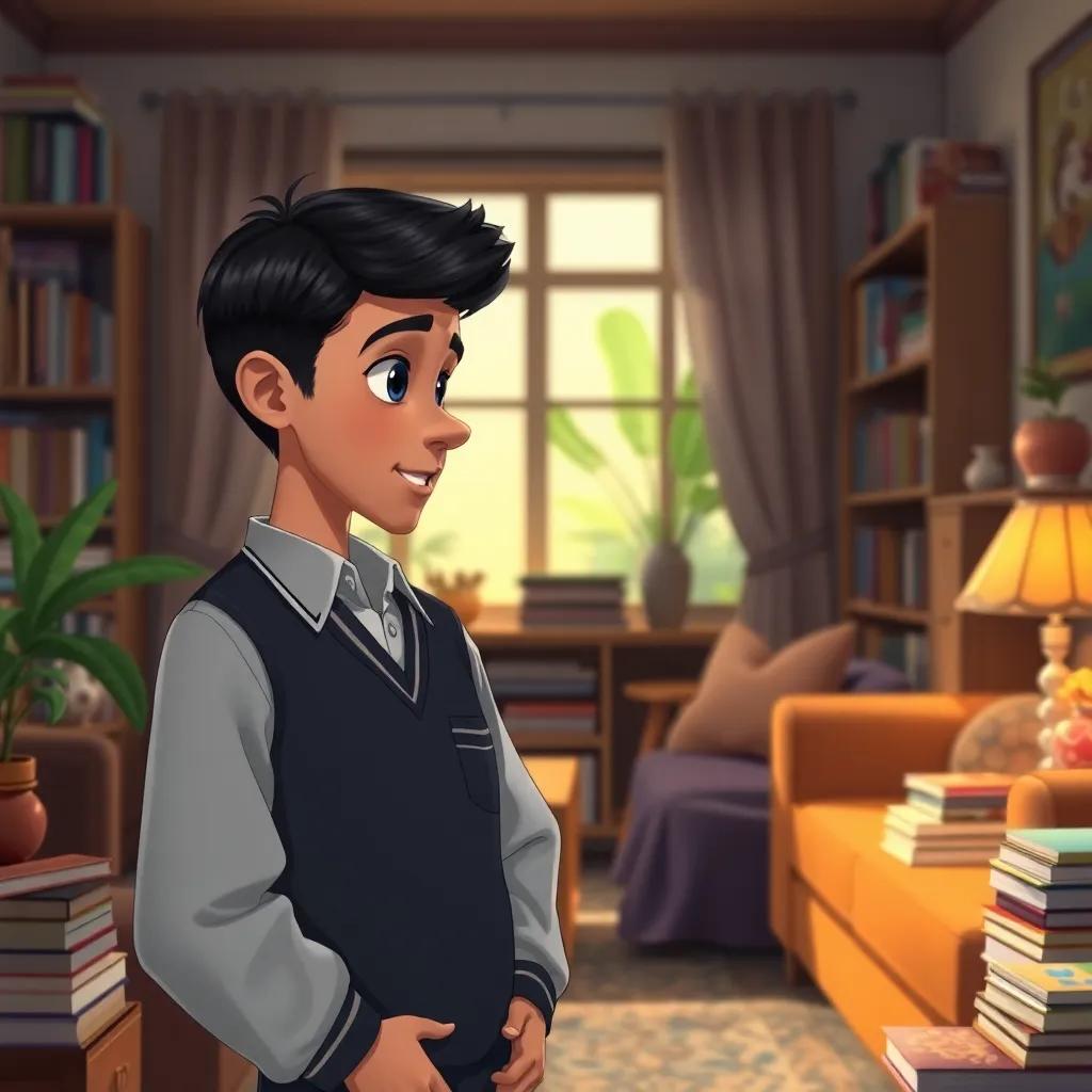 A young Arab boy, Rashid, with short black hair in a school uniform, talking to his mother in a cozy living room filled with books, warm lighting, inviting colors, homely environment, cheerful perspective, high quality