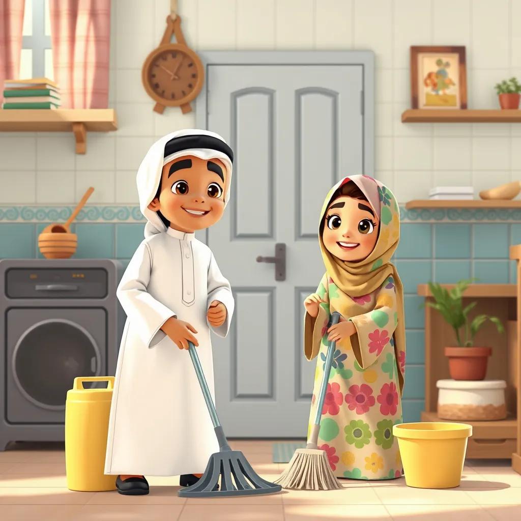 Raed, a young Emirati boy, wearing a traditional kandura, and lateefa, a young Emirati girl, wearing a colorful abaya, cleaning the house, working together, cheerful scene, digital art, bright and lively