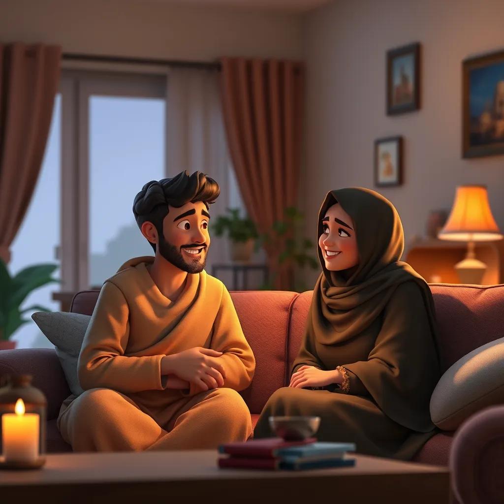 A warm setting in a cozy living room, Raed and Lateefa talking to their smiling mother, with soft lighting and a comfortable atmosphere, tender moment, detailed description