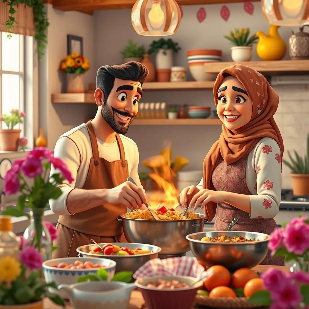 Raed and Lateefa preparing dinner in a cheerful kitchen, surrounded by flowers, colorful decorations, with smiles on their faces, capturing joyful effort, rich colors and warmth, high quality