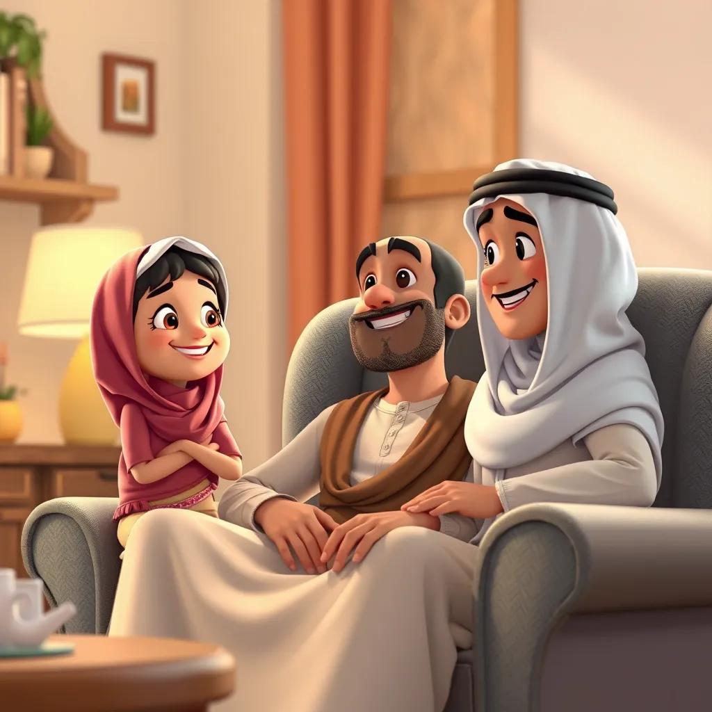 Raed and Lateefa listening proudly to their father, who is sitting in a comfortable chair, happy expression, family warmth, lighthearted scene, heartwarming, vivid details
