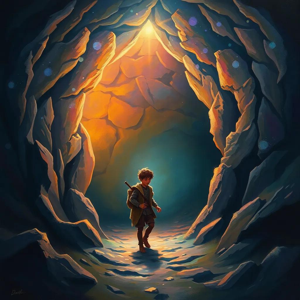 Sami, the young shepherd, stepping cautiously into a mysterious cave, glowing light and strange shadows, colorful mystical aura, fantasy art, enchanted atmosphere, vivid details, immersive view