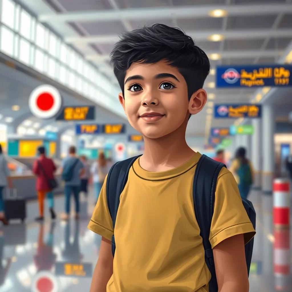 A young Arab boy, Rakan, with short black hair wearing a casual t-shirt and jeans, standing at the airport in Japan, looking excited and curious, digital art, colorful, vibrant atmosphere, high quality