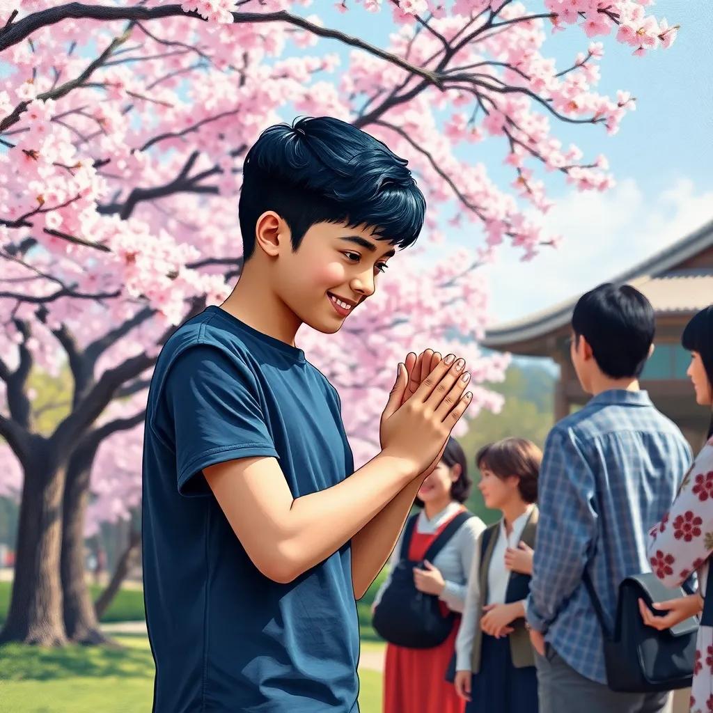 Rakan, a young Arab boy with short black hair in a t-shirt, bowing respectfully to his new Japanese friends in a park, traditional Japanese cherry blossom trees in the background, joyful scene, bright colors, cheerful mood, high quality