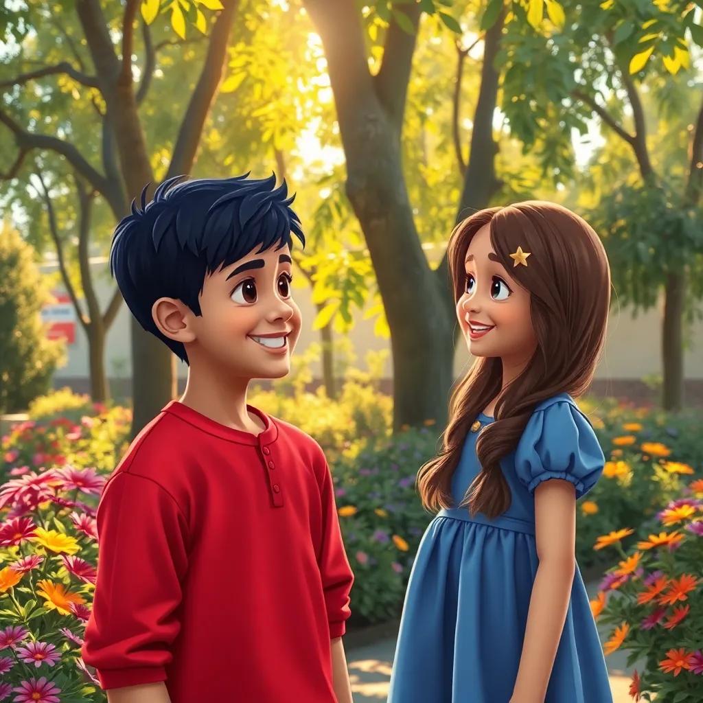 A quiet school garden, a young Arab boy, Rakan, with short black hair wearing a red shirt, smiling and talking to a young Arab girl, Dima, with long brown hair in a blue dress, surrounded by trees and colorful flowers, warm sunlight filtering through leaves, cheerful atmosphere, digital art, high quality