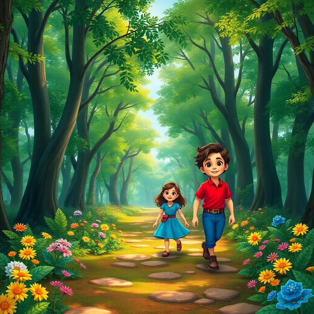 A beautiful forest path, young Arab boy, Rakan, in a red shirt and young Arab girl, Dima, in a blue dress, exploring with excitement, vibrant green trees and colorful flowers around, magical adventure theme, detailed illustration, lively colors, child-friendly