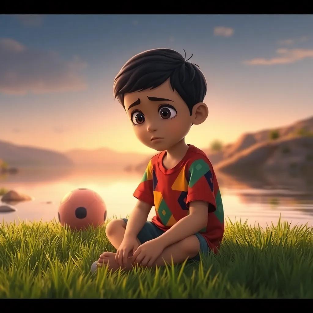 Rami, a young Arab boy with short black hair in a colorful T-shirt, sitting on the grass, looking sad with tears in his eyes, as the ball floats in the river beside him, emotional scene, soft light, warm colors, storytelling view, high quality