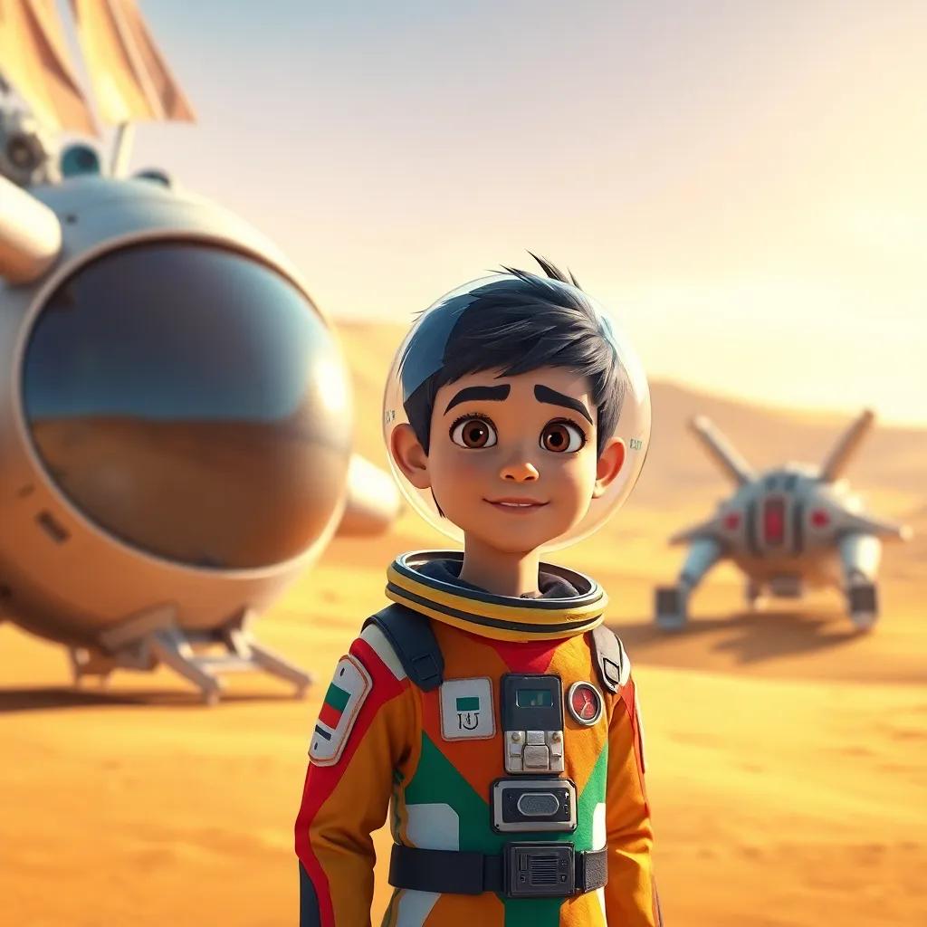A young Arab boy, Rami, with short black hair, wearing a shiny space helmet and a colorful spacesuit, standing next to a futuristic spaceship in a sandy desert landscape, digital art, vibrant colors, bright sunlight, adventurous atmosphere, high quality