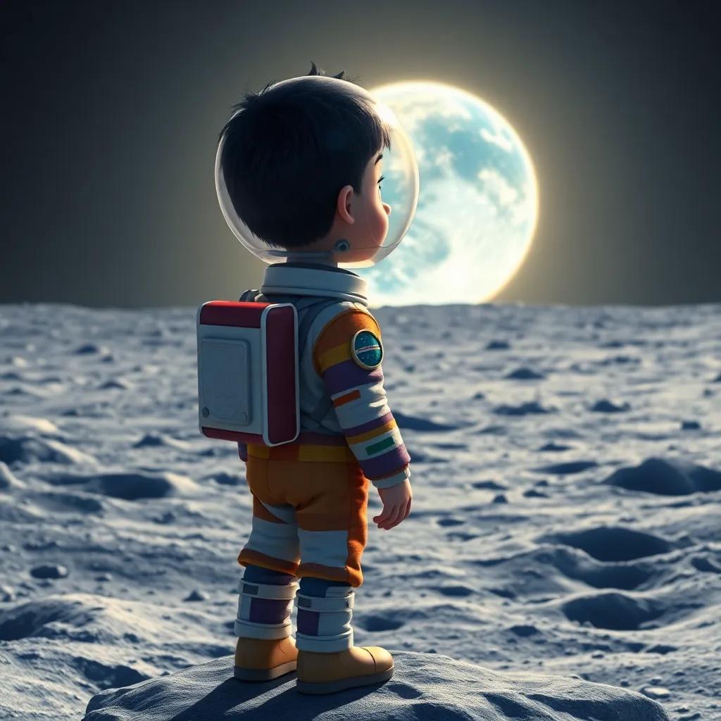 Rami, a young Arab boy with short black hair in a shiny space helmet and colorful spacesuit, standing on the moon's surface, looking back at Earth glowing in the distance, with gray lunar soil, and craters all around, detailed digital painting, wonder, bright colors, high quality