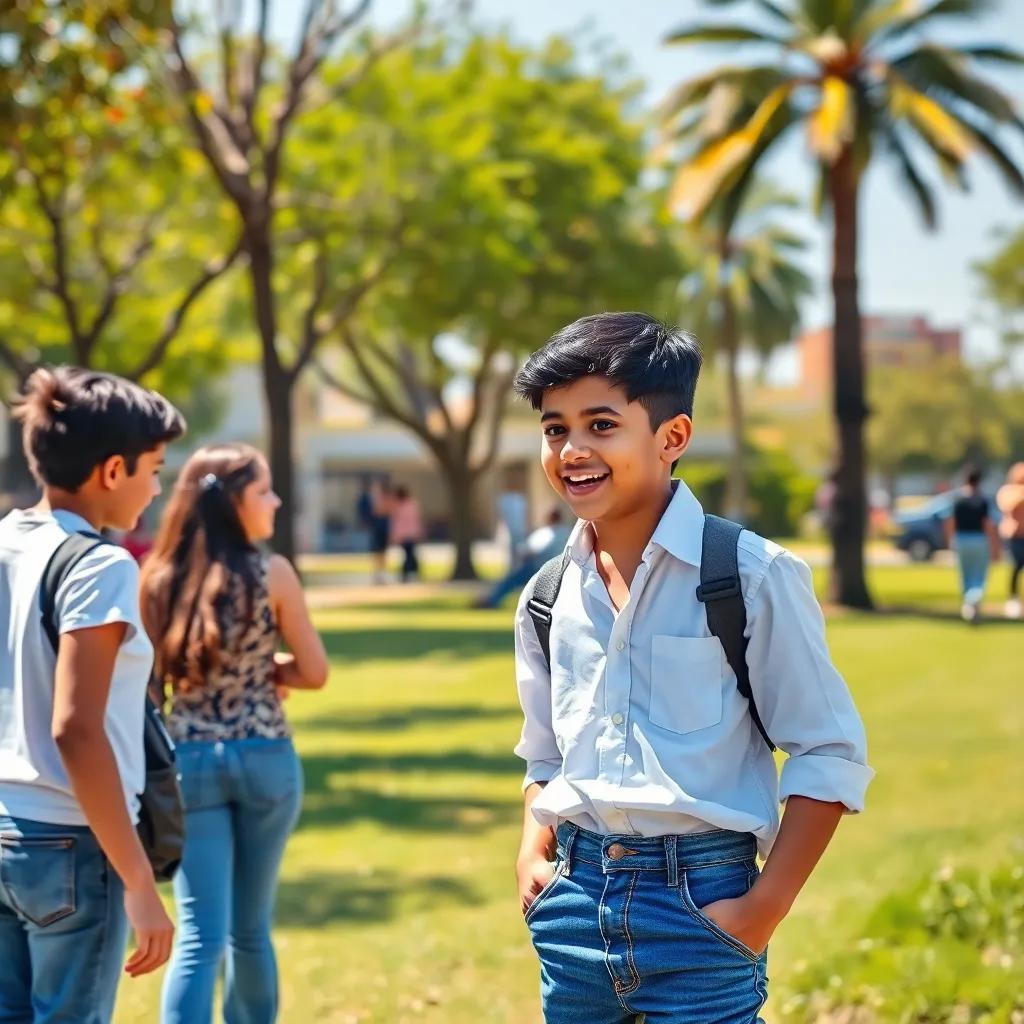 A young Arab boy, Rami, with short black hair, wearing a simple white shirt and blue jeans, excitedly talking with his friends in a sunny park, vibrant colors, cheerful atmosphere, high quality