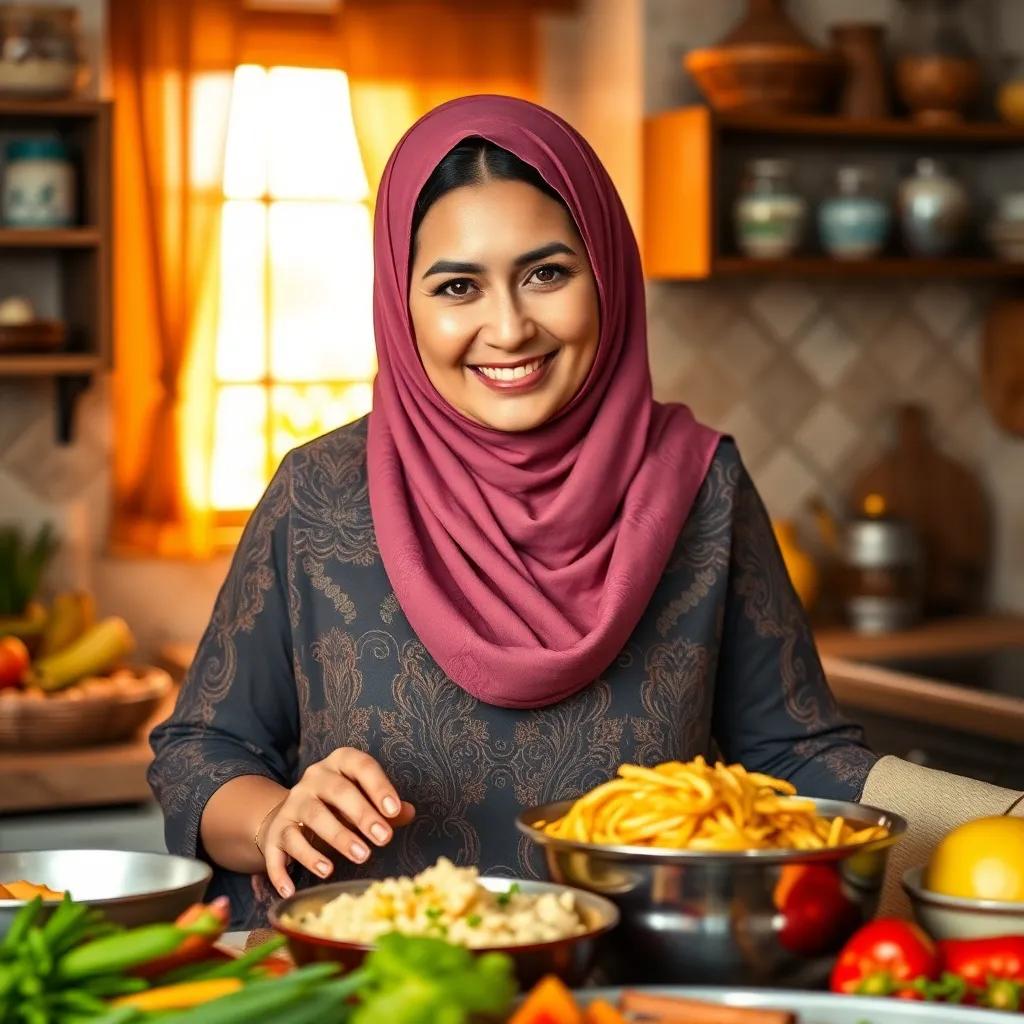 A loving Arab mother, with a beautiful hijab, cooking traditional food in her kitchen, surrounded by fresh ingredients, warm light, inviting home environment, detailed and colorful
