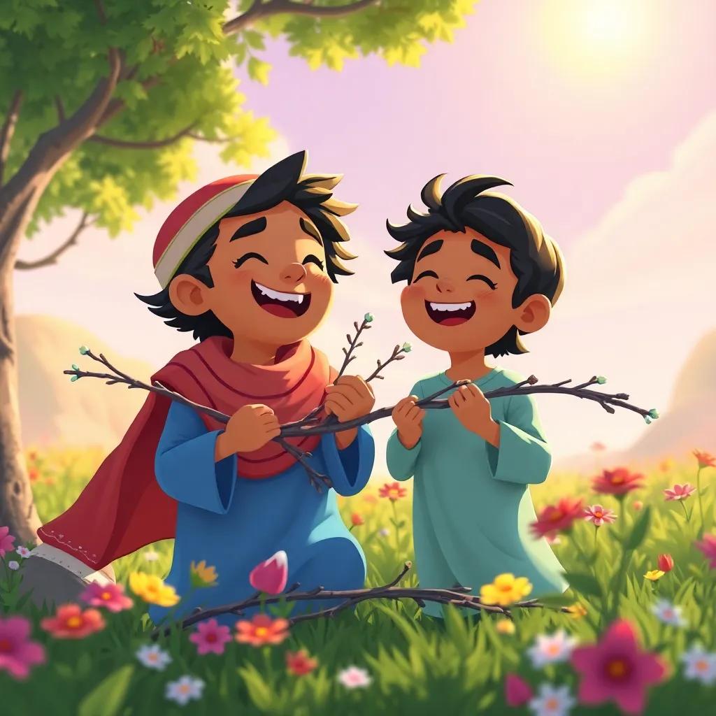 Adel and Salem collecting branches under the sun, laughing and singing together, with trees and flowers around, bright colors, lively, warm light, child-friendly illustration