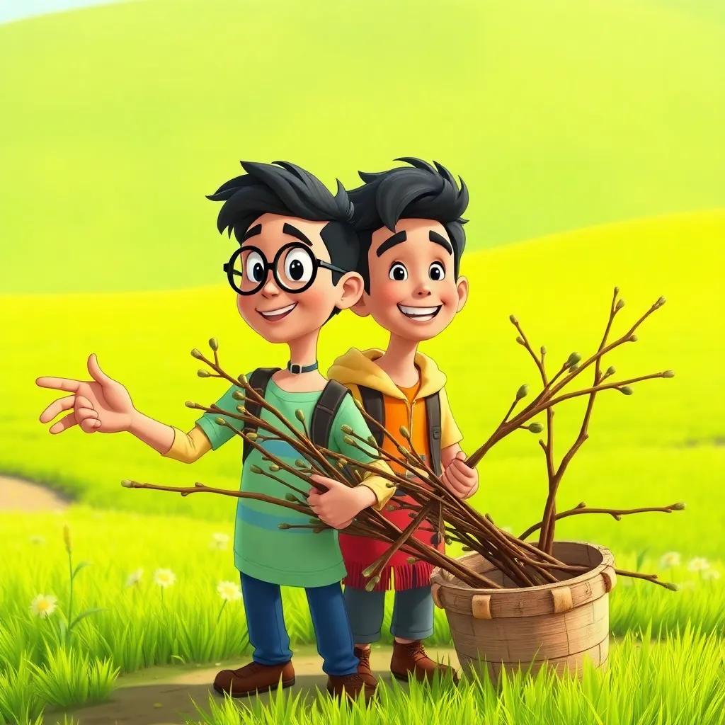 Adel pointing to the branches while Salem collects them, both looking happy and determined, bright green landscape in the background, cheerful mood, colorful illustration