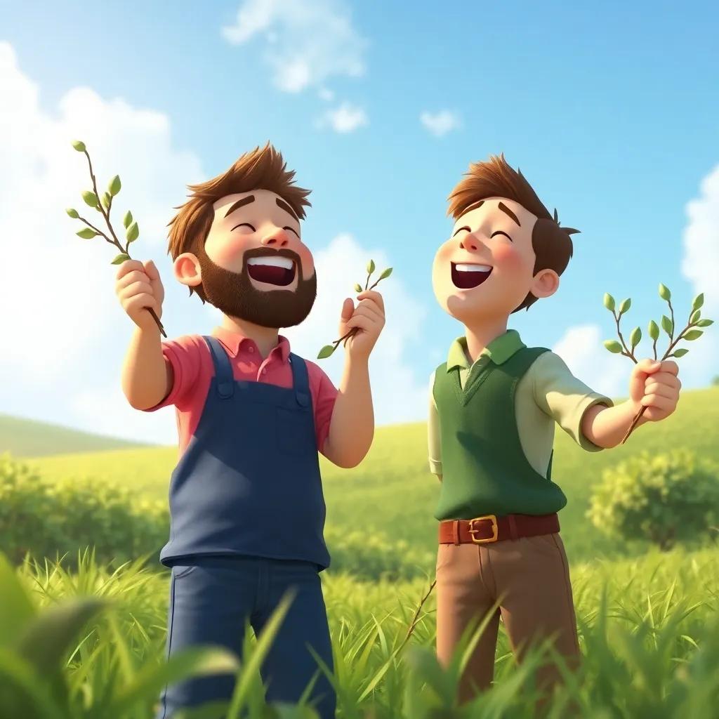 The two men happily singing, with branches in their hands, surrounded by green fields and blue skies, playful, lighthearted atmosphere, detailed digital art