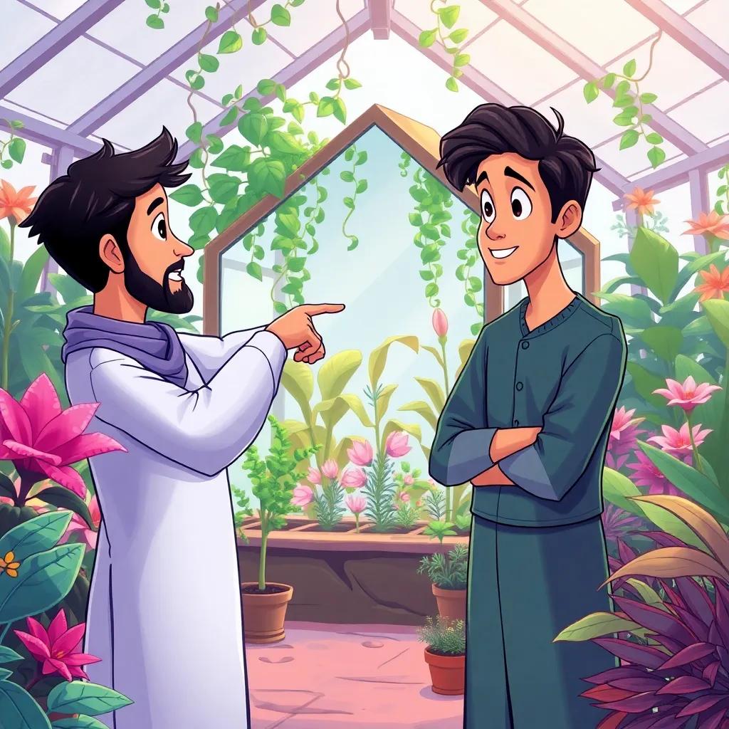 Salem pointing at a small greenhouse with strange plants, Adel looking curious, vibrant plants all around, inviting scenery, illustration capturing their excitement