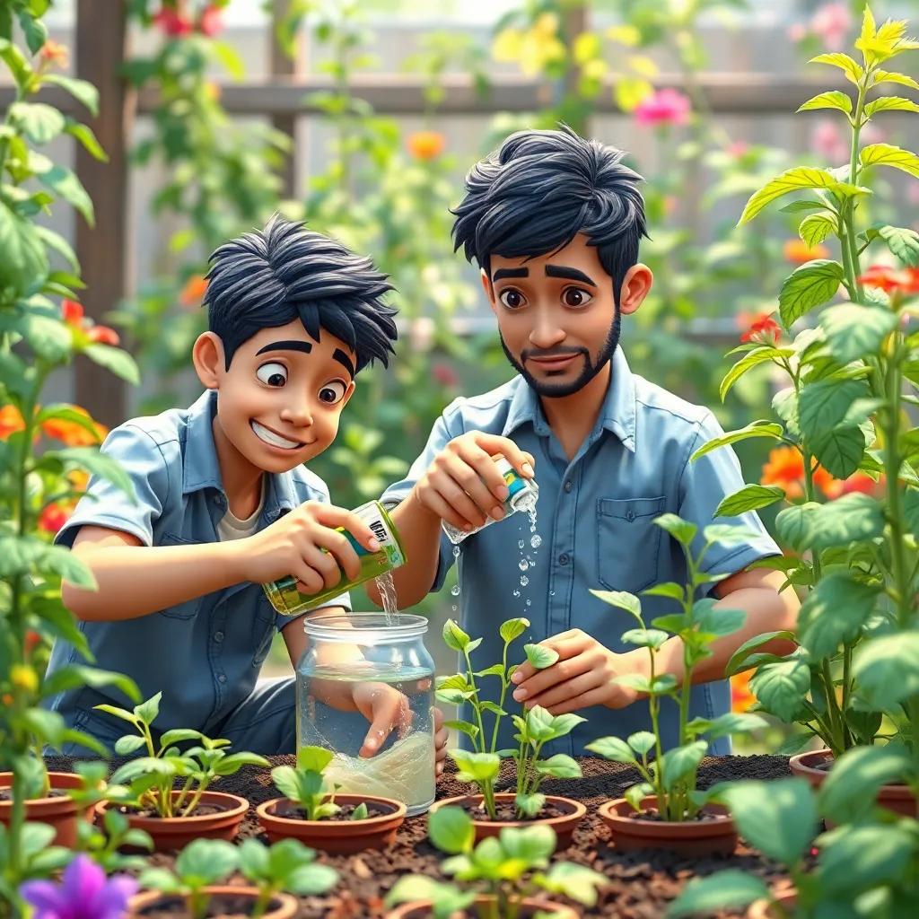The men experimenting with the plants, mixing water and nutrients, showing focused expressions, in a colorful garden, child-friendly art