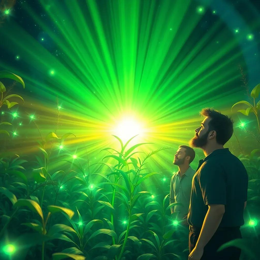 Radiant green energy emerging from the plants as the men look amazed, bright light and colors, glowing imagery, magical scene, detailed art