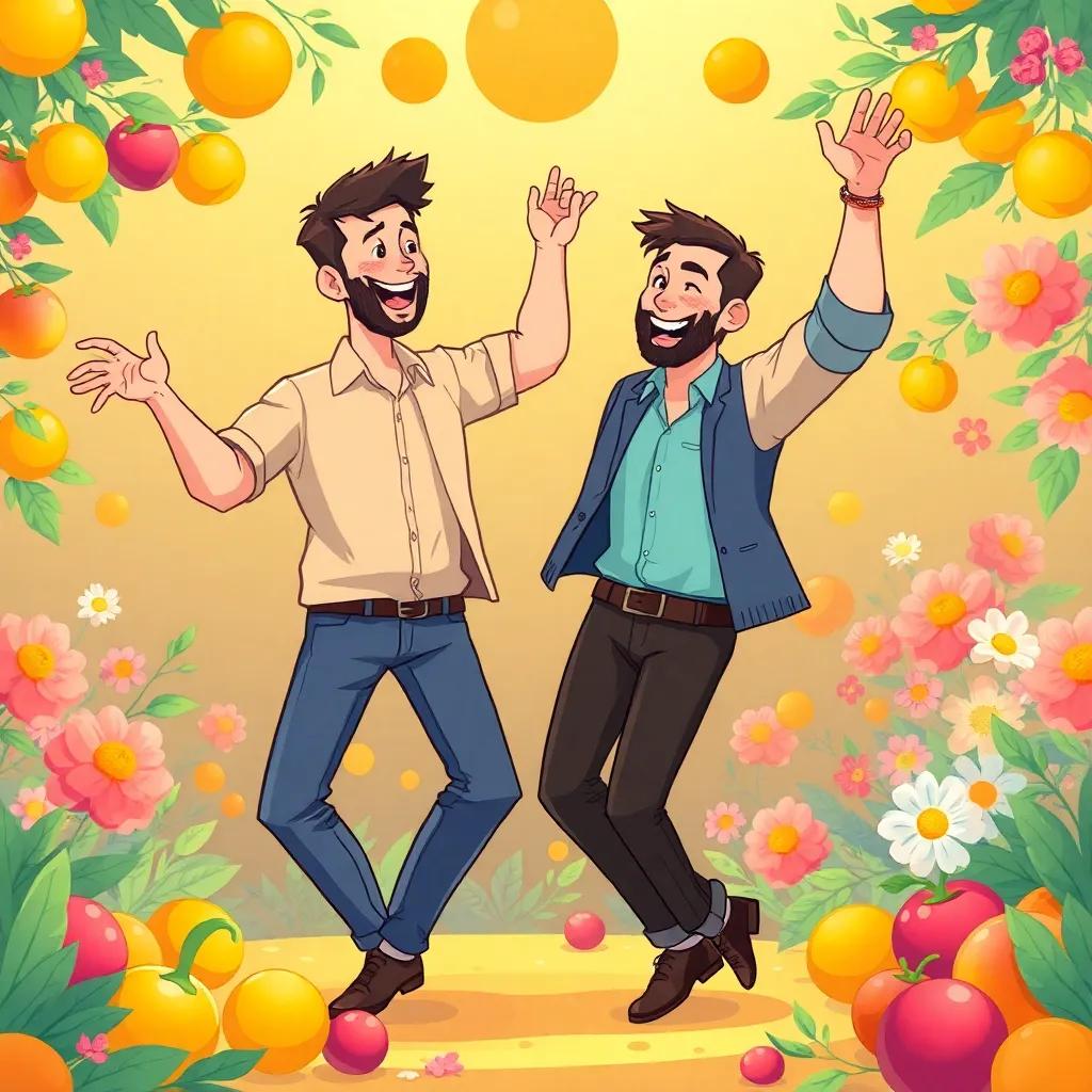 The two men celebrating their success, dancing with joy, surrounded by fruits and flowers, bright colors, festive atmosphere, playful illustration