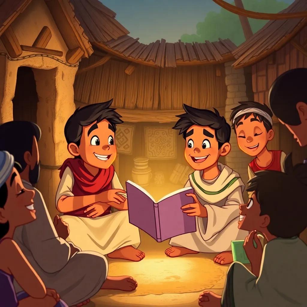 Adel and Salem sharing their story with villagers in their village, everyone is listening with excitement, smiles and laughter are shared, warm light, community gathering, heartwarming illustration