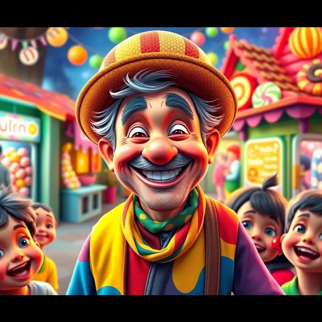 A whimsical character named Sukran, a middle-aged man with a playful grin, wearing colorful clothes and a large hat, surrounded by children laughing, vibrant candy shops in a small village in the background, bright and cheerful atmosphere, digital art, colorful, inviting