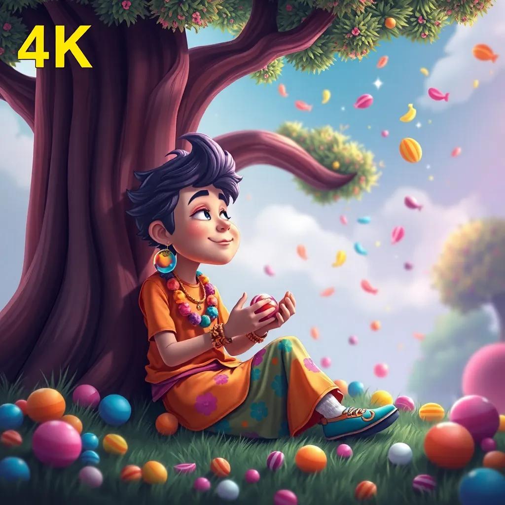 Sukran, a whimsical man with colorful attire, sitting under a large tree with candy in his hands, dreaming of a world made of sweets and laughter, surrounded by vibrant colors, artistic, charming, child-friendly