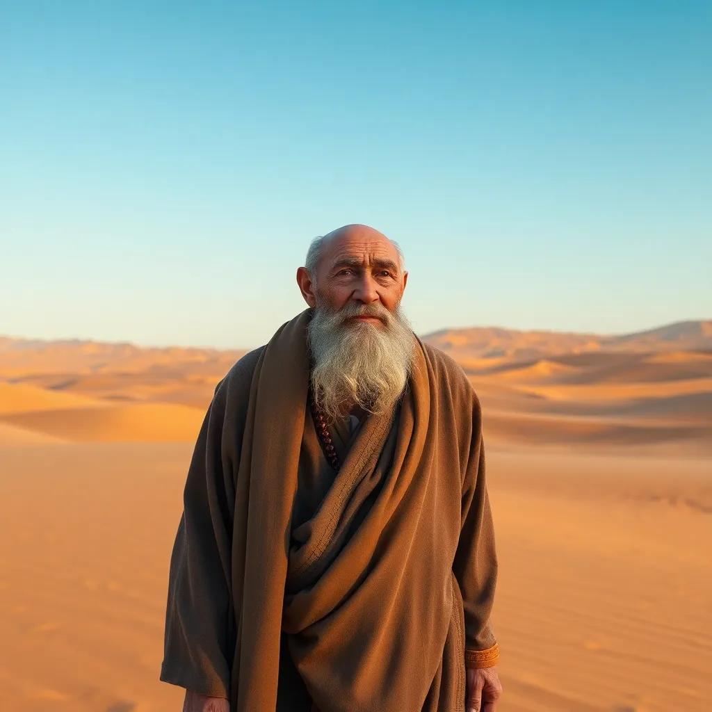 An old man with a gray beard and a weathered face, wearing a traditional robe, walking in the vast desert with golden sand under a bright blue sky, digital art, warm colors, inviting atmosphere, high quality