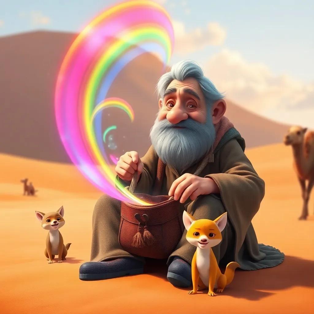 An old man with a gray beard and a weathered face, sitting on the desert sand, opening an old bag that releases colorful winds like a rainbow, surrounded by curious animals like camels and desert foxes, magical atmosphere, cheerful, high quality