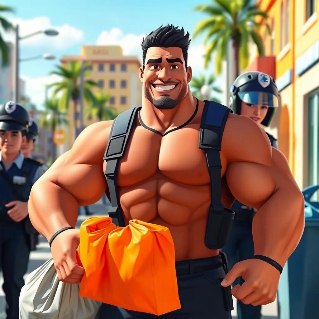 A strong man, Adel, with a muscular build and a warm smile, helping police officers in a sunny city street with trash bags, bright colors, cheerful atmosphere, high quality
