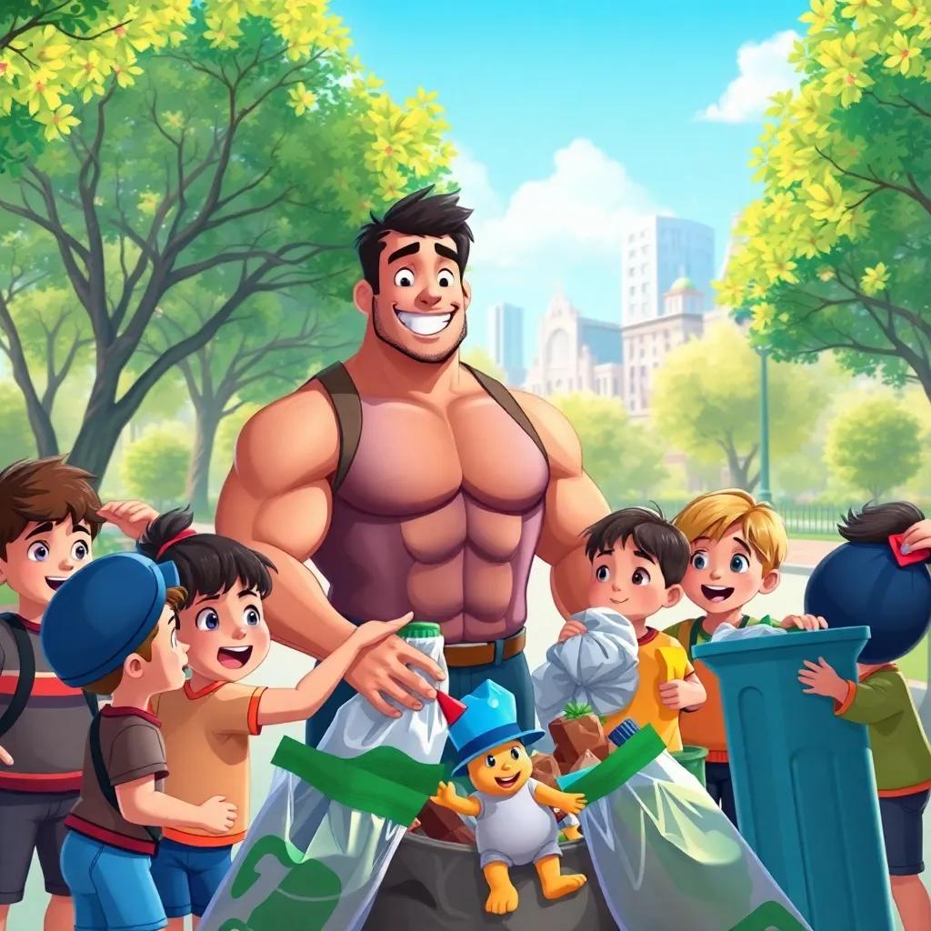 Adel, a strong man, with a muscular build and a friendly smile, surrounded by children collecting trash together, in a clean and beautiful city park, digital art, vibrant colors, teamwork, uplifting scene