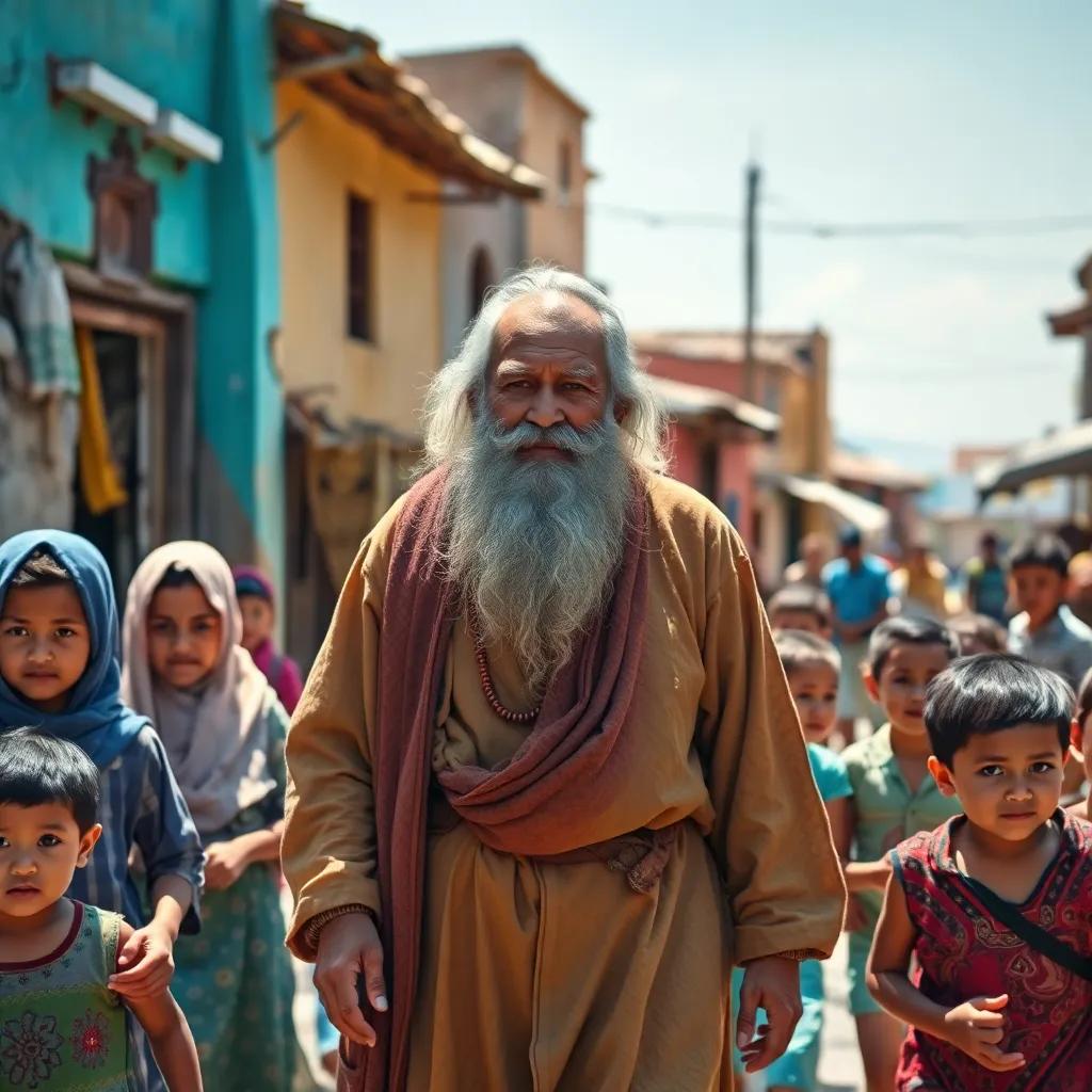 A wise old man, Aref, with a long beard and traditional clothes, walking through a vibrant village, surrounded by curious children. Bright, sunny day, warm colors, cheerful atmosphere, high quality