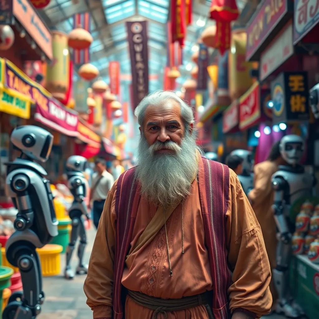 Aref, the wise old man with a long beard in traditional clothes, standing in a busy market filled with colorful stalls and robots interacting with people. Bright, lively scene, engaging perspective, high quality
