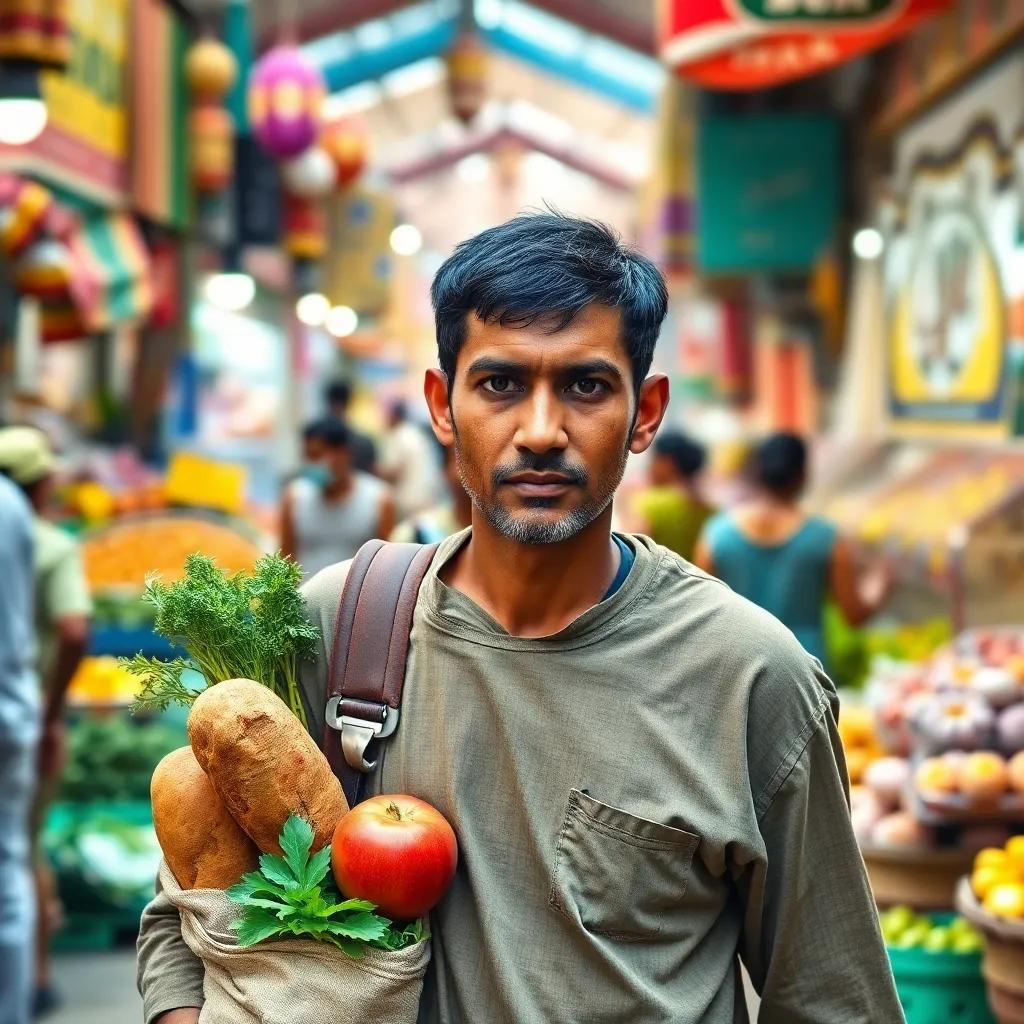 A poor man named Ali, with short black hair, wearing simple clothes, walking in a colorful market carrying fresh vegetables and bread, bustling with people and stalls, digital art, vibrant colors, cheerful atmosphere, high quality