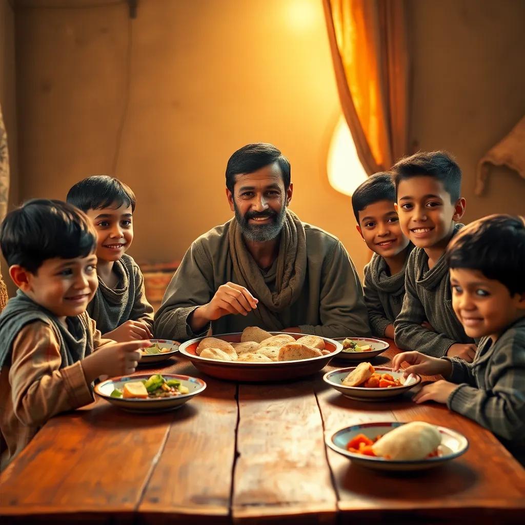 Ali, a poor man with short black hair in simple clothes, sitting at a wooden table surrounded by his happy children, sharing a meal of bread and vegetables, warm light, cozy home setting, storytelling view, heartwarming
