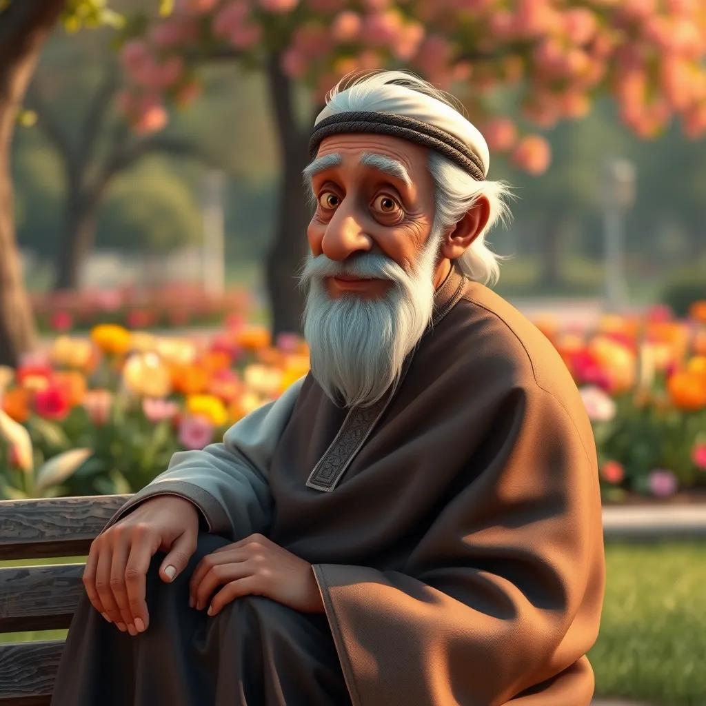 An old man, Ahmed, with a curved back wearing a traditional Arabic outfit, sitting on a bench in a park, with white beard and wise eyes, background of colorful flowers, digital art, warm colors, inviting atmosphere, high quality