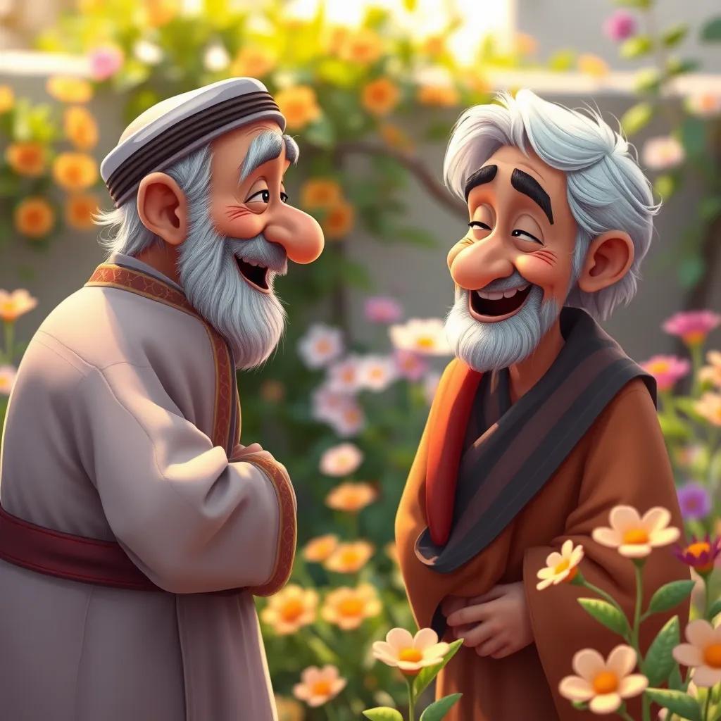 An old man, Ahmed, with a curved back in a traditional Arabic outfit, enthusiastically speaking to his friend Ali, who is also an old man with gray hair and a joyful face. They are in a small garden, surrounded by blooming flowers, cheerful illustration, vibrant colors, friendly aura, high quality