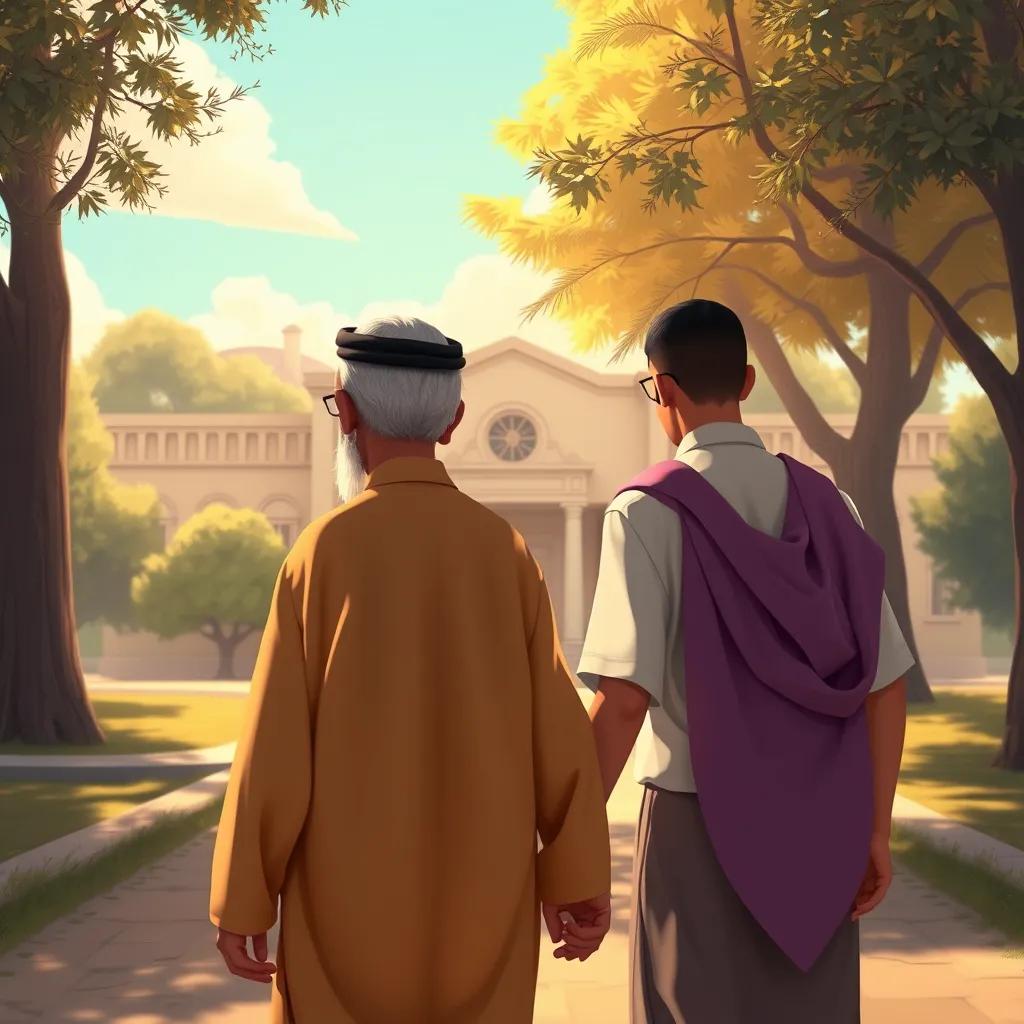 An old man, Ahmed, with a curved back in a traditional Arabic outfit, and his friend Ali walking slowly towards a school building, with a sunny sky and trees around them, friendly and inviting atmosphere, digital painting, warm lighting, high quality